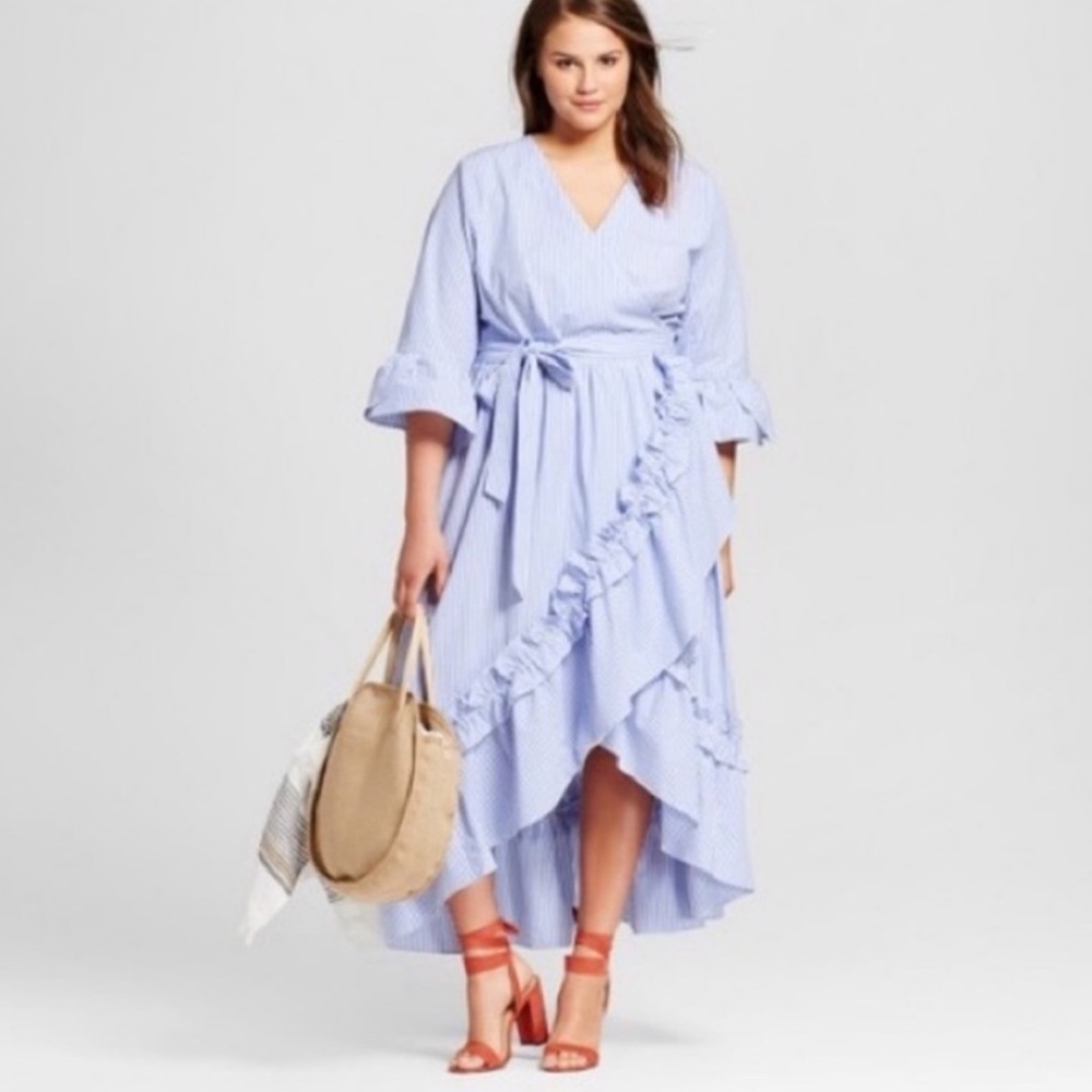 Who What Wear Blue Striped Ruffle Cotton Wrap Dress